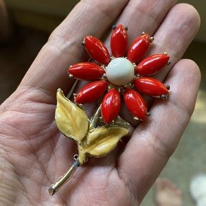 Metal and bead flower brooch